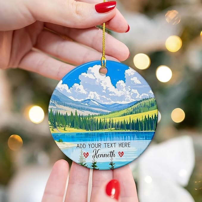 Yellowstone National Park Ornament Christmas 2025, Personalized Text/Name Yellowstone Landscape Ceramic Keepsake Ornament Gift for Outdoor Adventure Lovers, Custom USA Landscape Xmas Tree Decorations