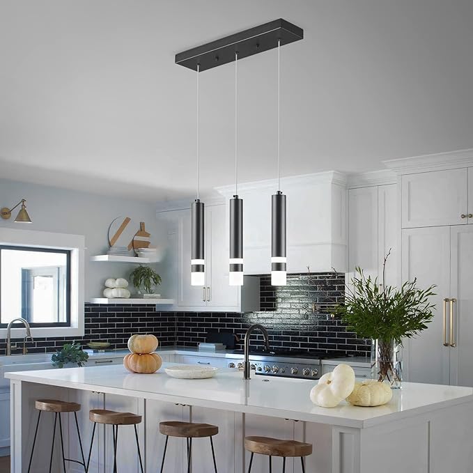 3-Light Dining Room Modern Pendant Light Kitchen Fixture Dimmable LED Black Mini Pendant Lighting fo Kitchen Island Study Pendant Lights