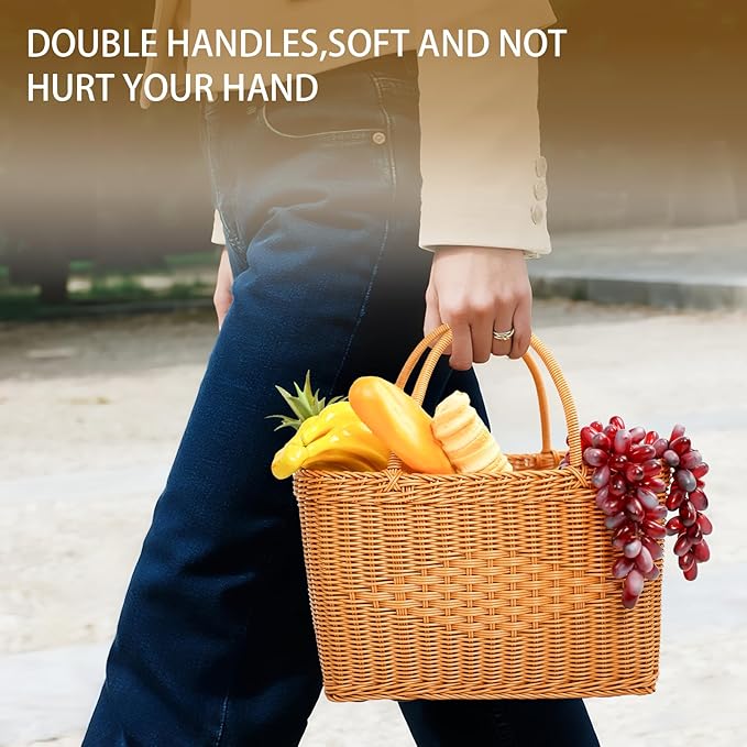 Big Picnic Basket-40cm Diameter with Handles Handmade Plastic Rattan Woven Basket Multifunctional Woven Storage Basket, Storage Basket for Camping,Shopping, Market, Birthday, Wedding,Picnic, Party