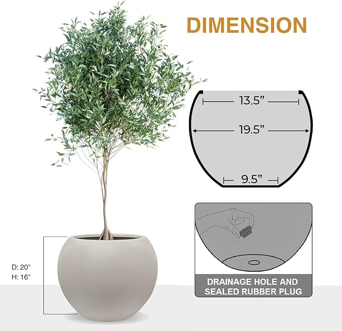 16" H x 20" D Globo Fiberstone Round Planter with Drainage Hole, Weather Resistant, Smooth Finish, Planters for Indoor Plants & Outdoor, 2 Extra Coco Mats (Taupe, 13.5" Pot Opening)