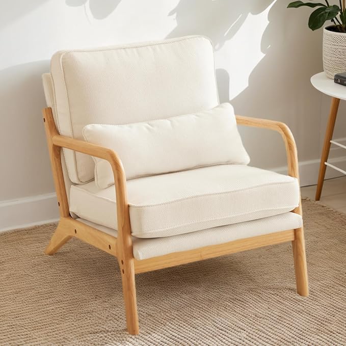 Karl home Accent Chair Mid-Century Modern Chair with Pillow Upholstered Lounge Arm Chair with Solid Wood Frame & Soft Cushion for Living Room, Bedroom, Balcony, Linen White (Low Back)
