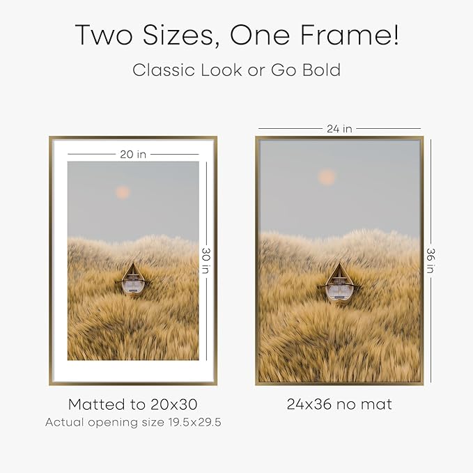 Homeforia 24x36 Picture Frame Bronze, High End Metal 24 x 36 Large Poster Frames with Mat 20 by 30 Photo, 24x36 Brass Frame Matted to 20x30 Print, 36x24 Thin Frames, Tempered Glass, Wall Kit, Set of 2