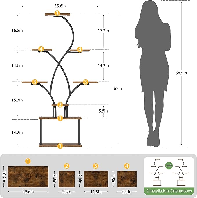 CODACE Plant Stand Indoor with Grow Lights - 62" Tall Plant Shelf Indoor, Lighted Corner Plant Stands for Indoor Plants, 8 Tiered Flower Spike-Shaped Rack for Living Room, Patio, Balcony Decor（Black