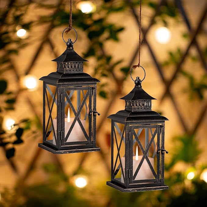 DECORKEY Lantern Decorative Indoor & Outdoor, 2 Pack Large Hanging Candle Lanterns Home Decor, Vintage Metal Candle Holders for Front Porch Patio Wedding Party, Halloween Christmas Decorations (Black)