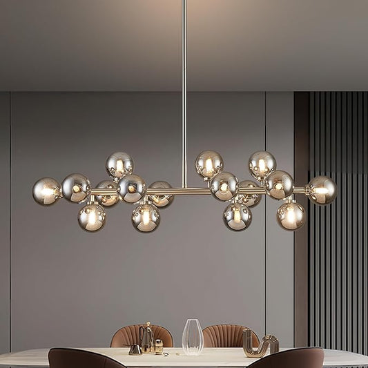 Glass Globe Sputnik Chandelier, 16-Light Mid Century Modern Light Fixture Over Table, Linear Chandeliers for Dining Room, Kitchen Island, Nickel and Smoke Grey Bubble, 40 Inch, GC-02