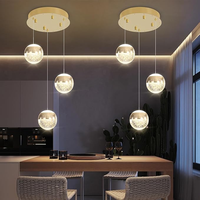 Modern Crystal Pendant Lighting Gold Globe Pendant Light Fixture, Mid Century Chandelier 3-Light Hanging Fixture for Kitchen Island,Globe Chandeliers for Dinning Room Bedroom