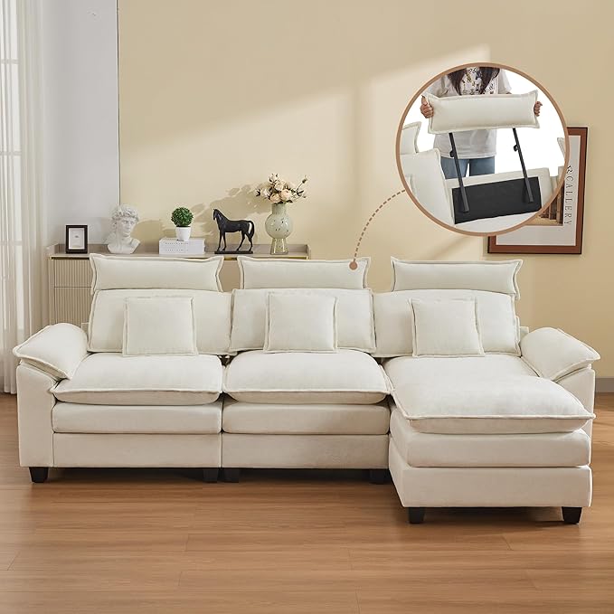 103'' Cloud Modern 3 Seater Couch with Detachable Headrest, Modular Sectional Sofa with Ottoman, Oversized L Shape Chenille Comfy Sofa with Armrests for Living Room, Beige