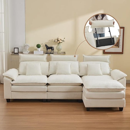 103'' Cloud Modern 3 Seater Couch with Detachable Headrest, Modular Sectional Sofa with Ottoman, Oversized L Shape Chenille Comfy Sofa with Armrests for Living Room, Beige