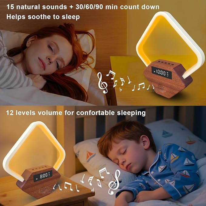Sunrise Alarm Clock for Bedrooms Heavy Sleepers 15 Sleep Sounds White Noise Machine Baby/Adults 3 Color Table Lamp 10 Ringtones with PD22.5W USB C Fast Charger Birthday Gifts for Women
