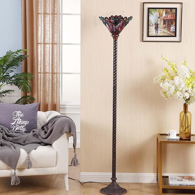 Bieye L10682 Baroque 67 inch Tiffany Style Stained Glass Torchiere Floor Lamp with 13 Inch Wide Handmade Lampshade, Metal Base with Dark Brown Baking Finish, Red