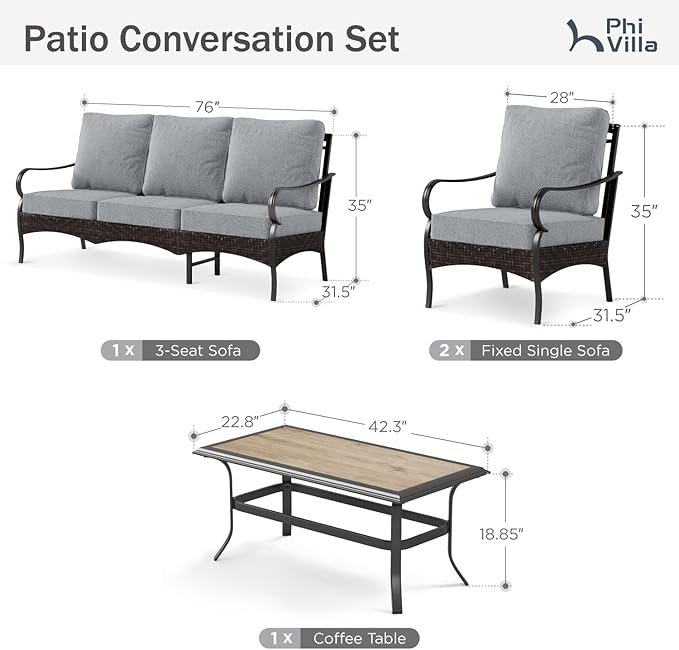 PHI VILLA Outdoor Modern Patio Furniture Set, Upgraded Wicker&Metal Patio Furniture Conversation Set with Waterproof Thick Cushions for Porch, Poolside, Deck, and Yard (4 Pieces,Grey)