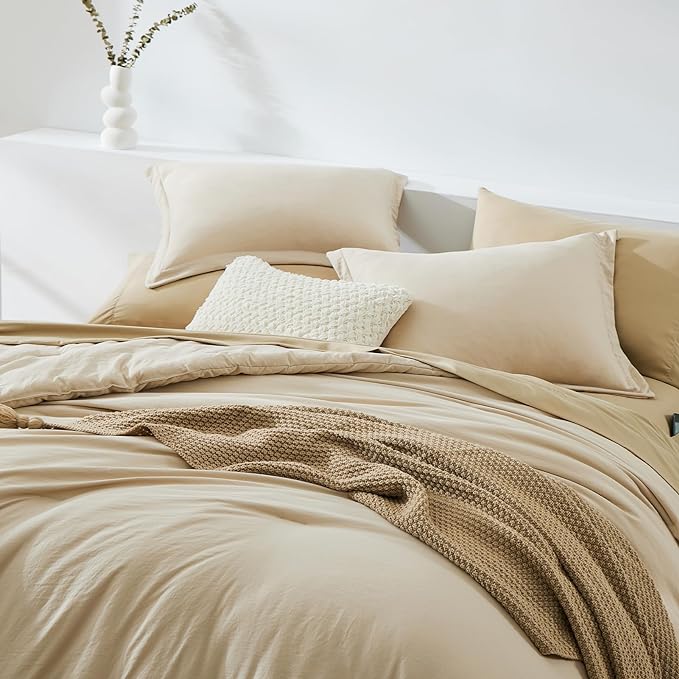 WRENSONGE Queen Size Comforter Set- 7 Pieces Beige Bed in a Bag Queen with Fitted Sheet, Flat Sheet, 2 Pillow Shams, and 2 Pillowcases- Warm Bed Set for All Season