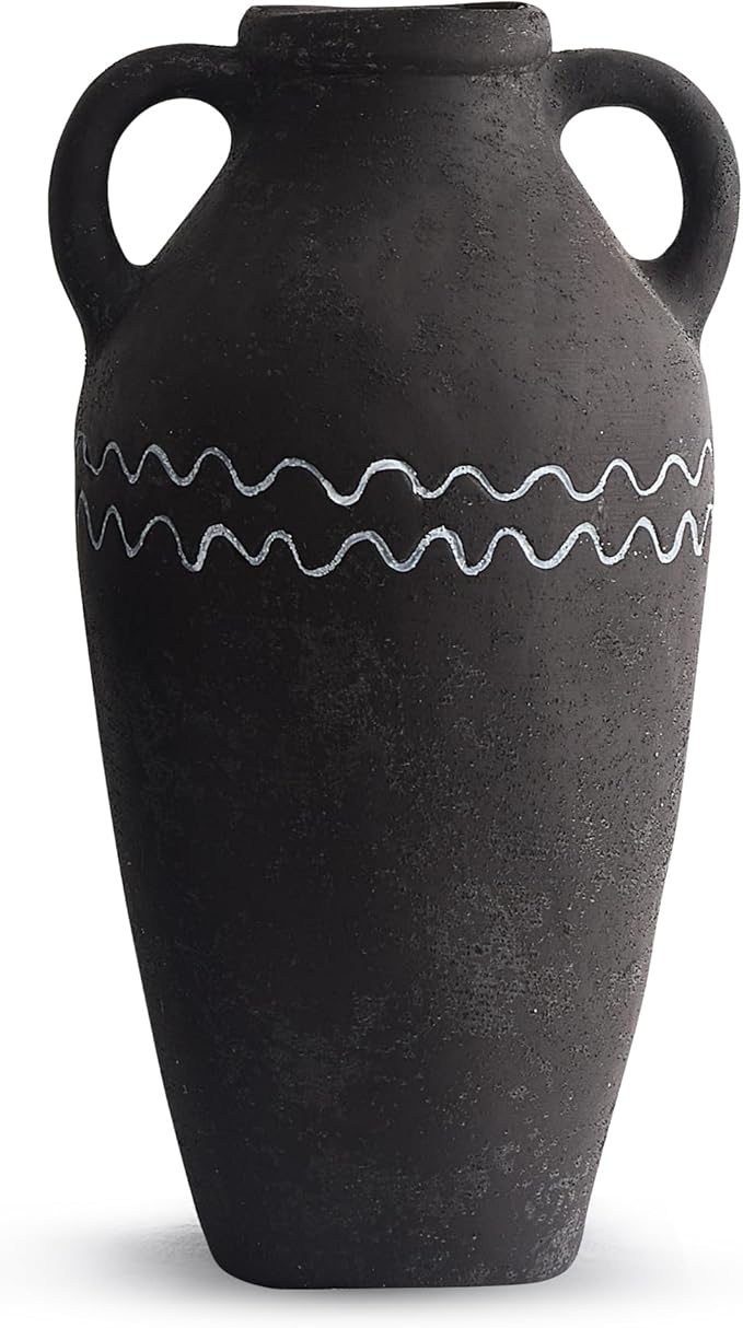 Large Black Ceramic Vase, 14.5" H Farmhouse Rustic Decorative Vase Table Centerpiece, Pottery Terracotta Tall Vases Living Room Bathroom Weddings Decorations