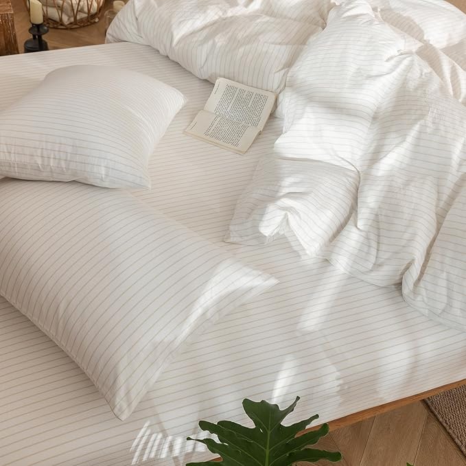 MooMee Striped Duvet Cover Set 100% Washed Cotton Linen Like Textured Breathable Durable Soft Comfy (White Almond Milk Grey Wide Stripes, Cal King 104"x98")