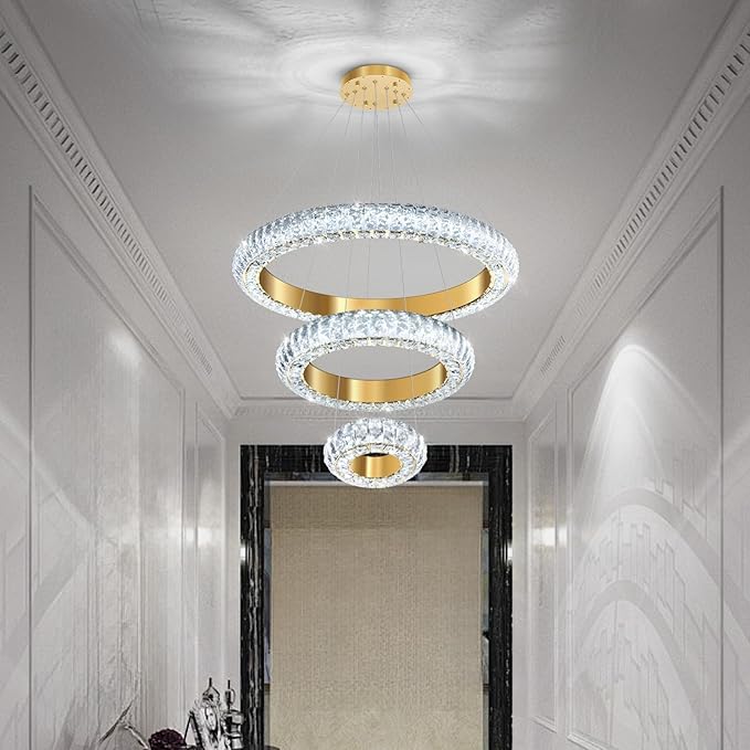 23.6" 3 Ring Crystal Chandelier Modern LED Dimmable Ring Pendant Light Round Chandelier for Dining Room Living Room Gold