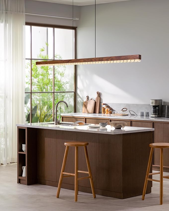 47" Wood Linear Pendant Light, Dimmable Kitchen Island Lighting with Remote, 30W LED Island Lights for Kitchen, Adjustable Linear Chandelier for Dinning Room Light Fixture,Pool Table Light - Walnut