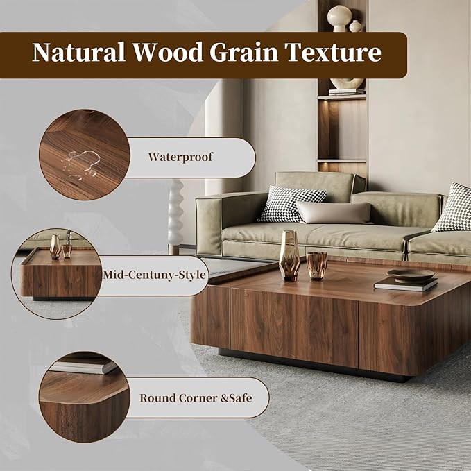 Square Coffee Table Premium Wood Center Table with Hidden Drawers for Living Room,Fully Assembled Elegant Walnut Finish (35.4" Inch)