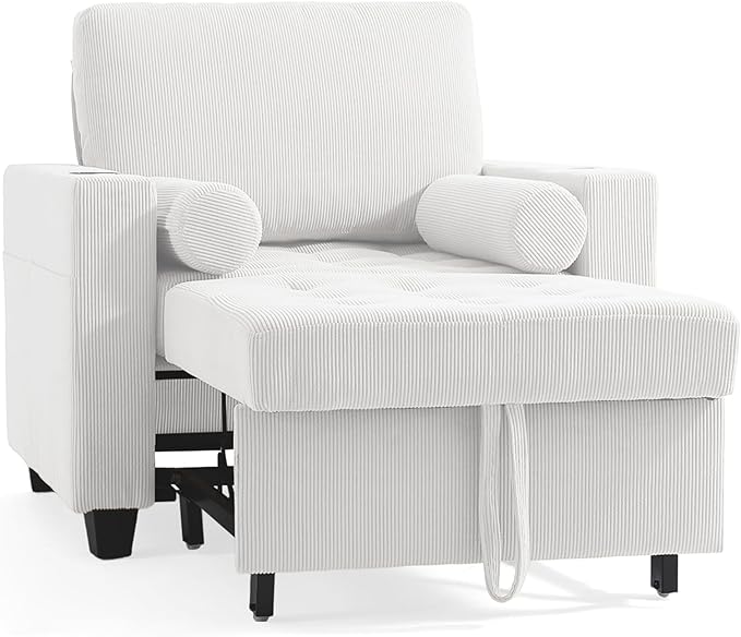 UIXE 3-in-1 Sleeper Chair Pull Out Sofa Bed, Convertible Reclining Seat Upholstered Armchair, Adjustable Backrest Recliner Chair with Side Pockets, Cup Holder & USB Ports - Beige White