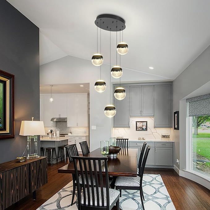 6-Lights Globe Pendant Light Modern Crystal Pendant Chandelier Black Globe Chandeliers for Kitchen Island, Hanging Light Fixture for Dinning Room Bedroom