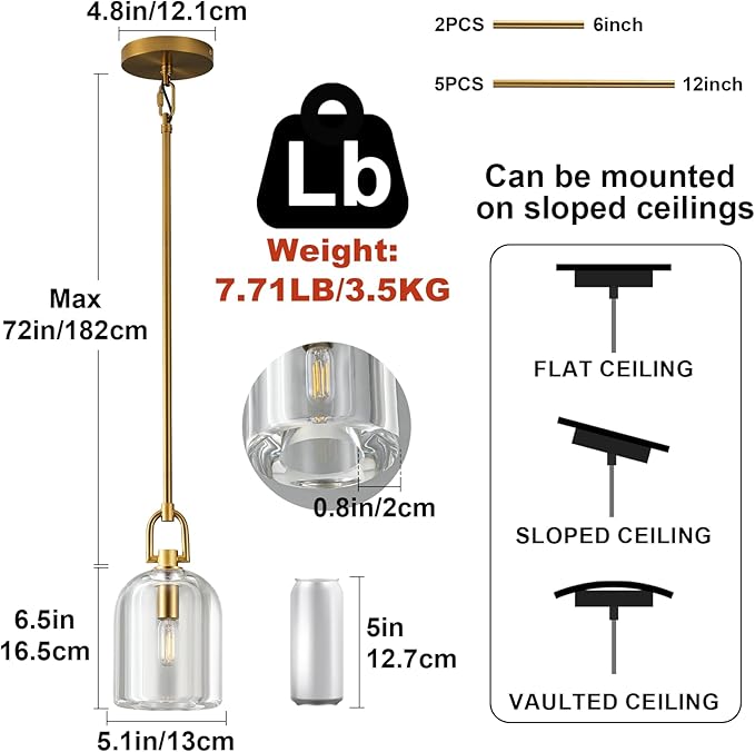 Brass Pendant Light Fixtures, Gold Pendant Light, Indoor Pendant Light for Kitchen Island Dining Room Living Room Bedroom Bathroom, E12 Bulb Included, 2PCS