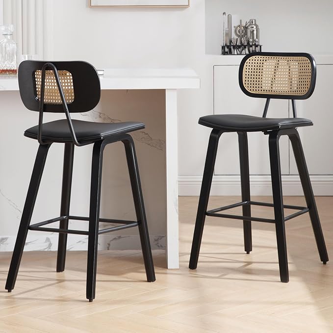Counter Height Bar Stools Set of 2, 26" PU Leather Upholstered Rattan Barstools, Mid Century Modern Bar Chairs with Black Wood Legs, Armless Walnut Kitchen Island Dining Bar Chair, Black