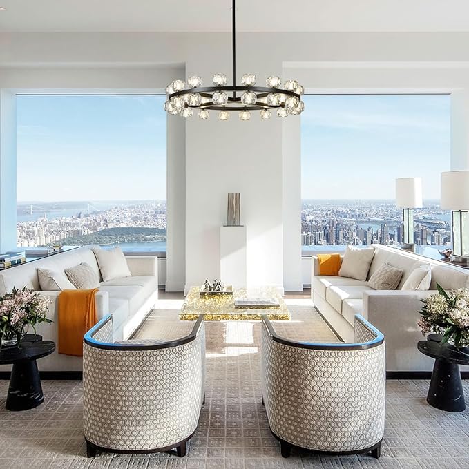 35" Round Crystal Chandelier, 32 Lights Black Chandeliers for Dining Room, Modern Chandelier Light Fixture with Crystal Shades for Living Room