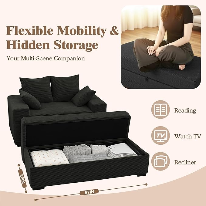 Indoor Chaise Lounge Chair with Storage Ottoman, Modern 60-Inch Lounge Sofa Chair with Wide Armrests & 4 Pillows, Oversized Comfy Reading Lounger for Living Room, Bedroom（Medium-Rib Corduroy Black）