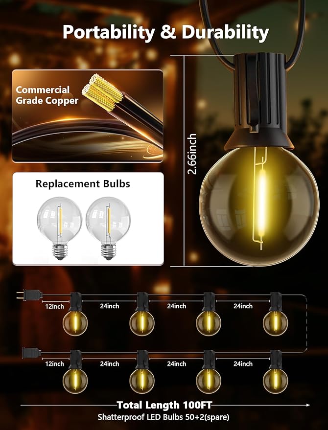 100FT Outdoor String Lights, G40 Globe String Lights with 50 Bulbs& 2 Spare, Waterproof Warm White Lights Indoor, Connectable Patio Lights for Outside Backyard Wedding Bistro Party Decor