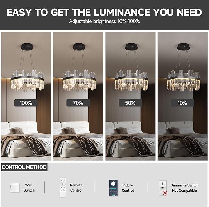 Black Led Modern Crystal Chandelier: 19.7" Round Contemporary 3 Color Dimmable Dining Room Light Fixture over Table - Adjustable Lighting Chandeliers for Bedroom Living Kitchen Island Entryway Foyer