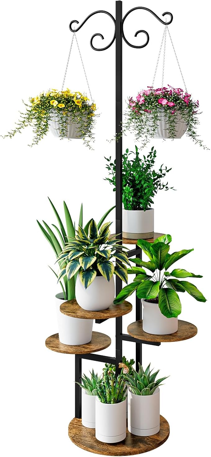 Plant Stand Indoor 5 Tier 8 Potted with hook hanging basket Multiple Flower Pot Holder for Patio Garden Balcony Living Room Corner (5 Tier with hook Black+Rustic Brown)