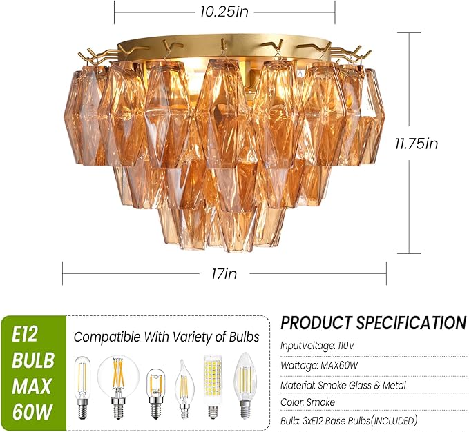 Amber Ceiling Light, 17" Modern Crystal Glass Chandelier for Bedroom, 3-Light Round Flush Mount Ceiling Ligh for Living Room, Bathroom, Hallway, Entryway – Elegant Warm Lighting Fixture