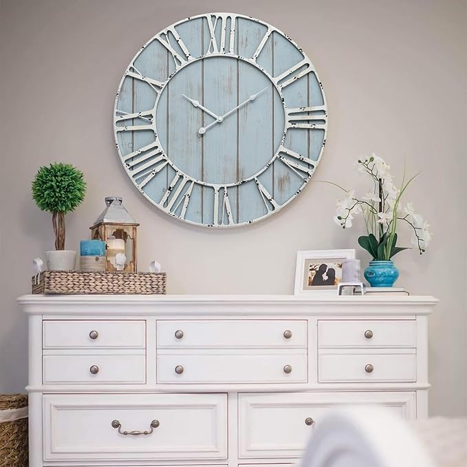 Large Farmhouse Wall Clock 24 Inch Vintage Blue Wooden Wall Clock with Quiet Ticking and Minimalist Roman Numerals for Bedroom Living Room Office Kitchen Home Decor, Battery Operated