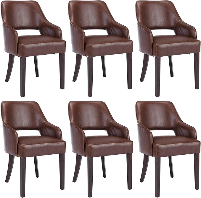 PU Leather Dining Chairs Set of 6 Upholstered Farmhouse Kitchen Chair Side Chairs Wood Accent Chair for Living Room/Dining Room/Bedroom/Restaurant, Upgraded Size, Brown