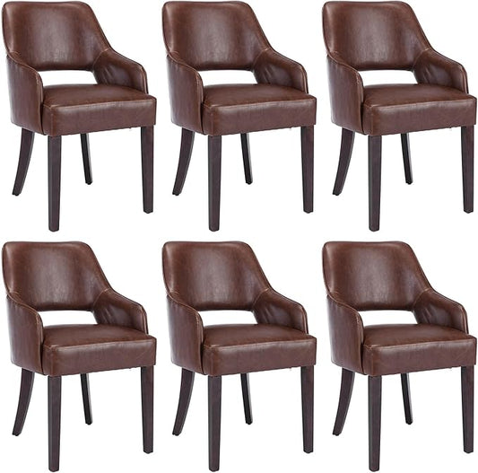PU Leather Dining Chairs Set of 6 Upholstered Farmhouse Kitchen Chair Side Chairs Wood Accent Chair for Living Room/Dining Room/Bedroom/Restaurant, Upgraded Size, Brown