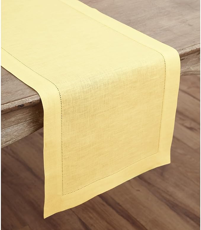 Solino Home Linen Yellow Table Runner 108 Inches Long - 100% Pure Linen 14 x 108 Inch Table Runner - Classic Hemstitch