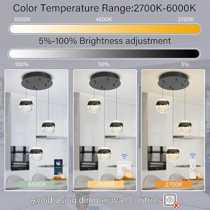 Modern Crystal Pendant Lighting Black Globe Pendant Light Fixture, Mid Century Chandelier 3-Light Hanging Fixture for Kitchen Island,Globe Chandeliers for Dinning Room Bedroom