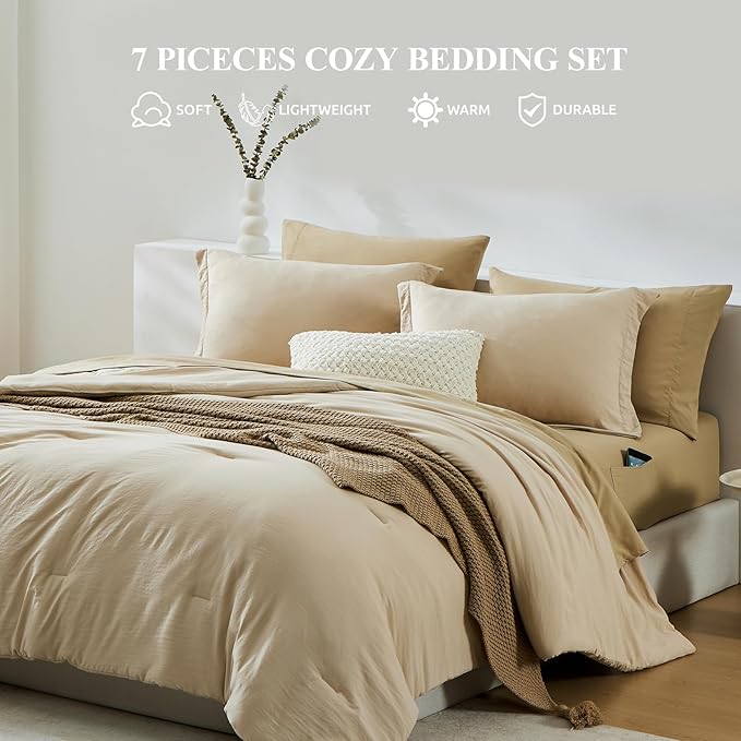 WRENSONGE Oversized Queen Comforter Set - 7 Pieces Beige Bed in a Bag Queen with Sheets, 2 Pillow Shams, and 2 Pillowcases- Warm Bedding Sets Queen for All Season