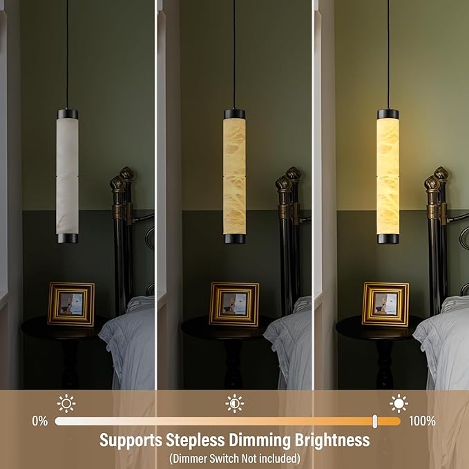 20" Alabaster Pendant Lights, Natural Marble Cylinder Black Pendant Light, Adjustable Modern Ceiling Light Fixtures for Kitchen Island, Dining Room, Bedroom, Living Room, Bathroom