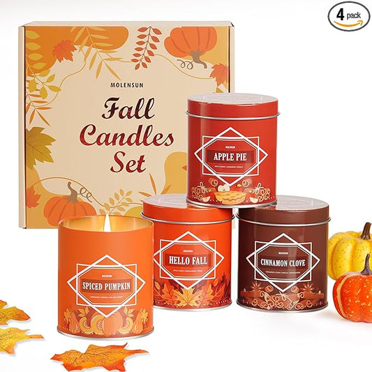 Fall Candles – 36oz (4×9oz) Soy Candles Gift Set with Autumn Scents: Pumpkin Spice, Cinnamon Clove, Apple Pie, Hello Fall – Gifts for Women & Men, Autumn Home Decor