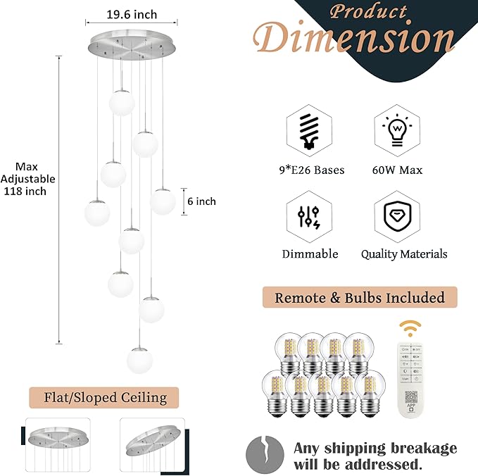 KoKo&Yukina 9-Light Globe Milky White Glass Pendant Light Adjustable Length Pendant Lights Modern Glass Globe Pendant Lights Nickel Chandeliers Large Chandeliers for High Ceiling (Bulb & Remote Incl)