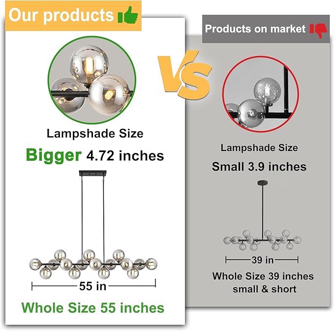 Chandelier,16-Light Large Pendant Lights Kitchen Island Linear Sputnik Chandelier Modern Chandeliers for Dining Room Bubble Gray Globe Island Lights for Kitchen Farmhouse Chandelier 55in