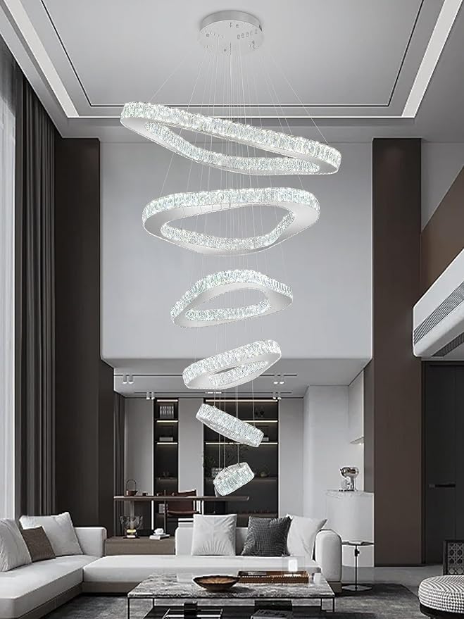 Modern Crystal Chandeliers for High Ceiling 6 Ring Chandelier LED Silver Ceiling Lights Fixtures High Ceiling Chandelier for Foyer Staircase Living Room Dining Room 2700K-6000K