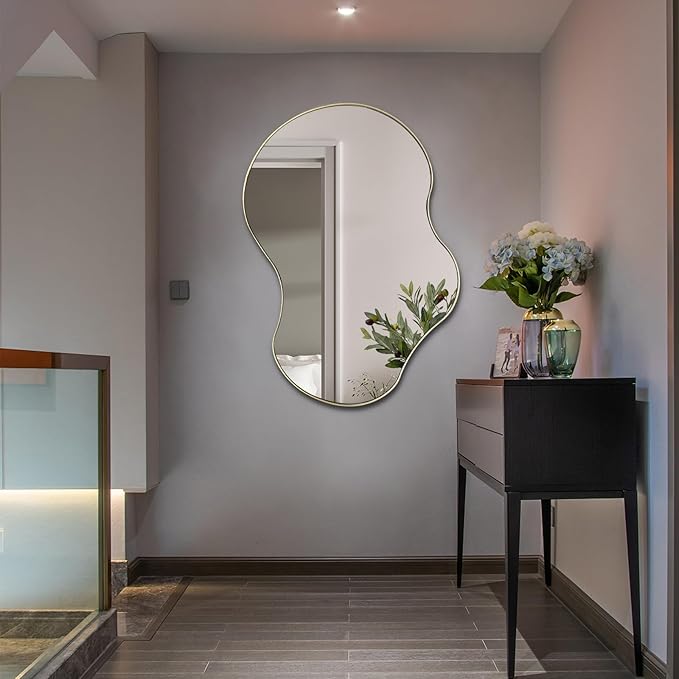 Gold Irregular Mirror, 36"x26" Asymmetrical Wall Mirrors with Metal Frame, Waved Shaped Decorative Mirrors for Living Room Bathroom Bedroom Hallway Entryway Fireplace