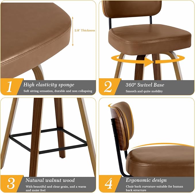 Swivel Counter Height Bar Stools Set of 4, 26" Upholstered Faux Leather Barstools with Back and Bent Wood Legs, Mid Century Modern Bar Chair Island Stool for Kitchen Counter, Brown