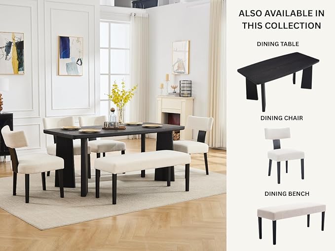 Wooden Dining Table Set of 4, Farmhouse Rectangular Dining Room Table with 4 Upholstered Beige Dining Room Chairs, Black Frame, Modern Black Kitchen Table and Linen Chairs Set for Home