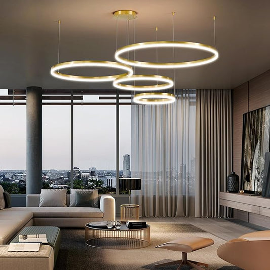 4 Rings Gold Modern LED Chandelier, Circular Dimmable Pendant Light with Remote Control, Adjustable Hanging Ceiling Lighting Over Table for Living Room, Dining Room, Foyer, Kitchen Island