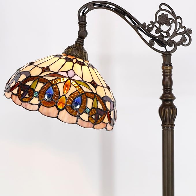 WERFACTORY Tiffany Floor Lamp Stained Glass Serenity Victorian Arched Lamp 12X18X64 Inches Gooseneck Adjustable Corner Standing Reading Light Decor Bedroom Living Room S021 Series