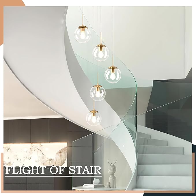 KoKo&Yukina 5-Light Globe Glass Pendant Light Adjustable Length Pendant Lights Modern Gold Clear Globe Glass Chandelier High Ceiling Lights Fixtures for Foyer Staircase Entryway (Bulb & Remote Incl.)