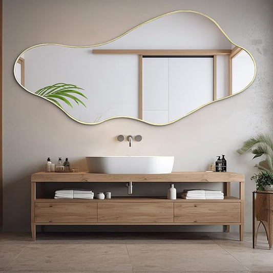 Large Irregular Mirror, 63"x29.2" Asymmetrical Mirrors Full Length, Abstract Wall Mirror Decorative, Waved Shaped Mirrors for Living Room Dressing Bathroom Bedroom Hallway Entryway