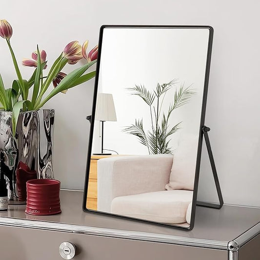 Desktop Makeup Mirror with Black Metal Standing 90° Rotation Vanity Table Mirror Portable Cosmetic Mirror for Dressing Room Bedroom Bathroom Rectangle